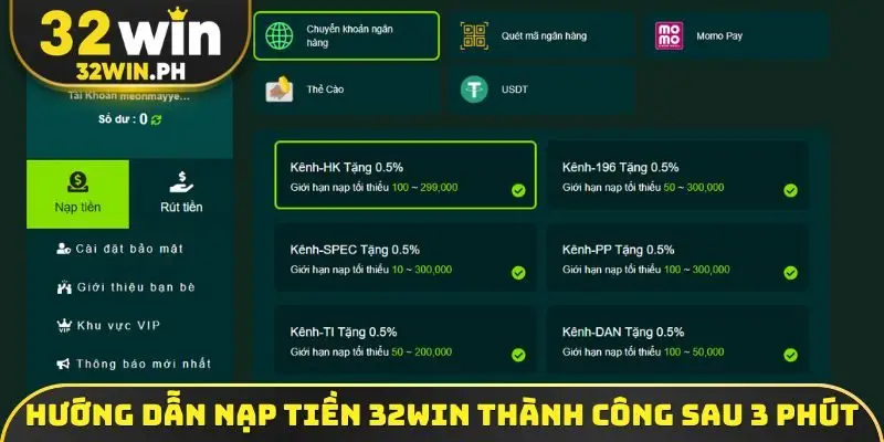 Hướng dẫn cách nạp tiền 32WIN thành công sau 3 phút